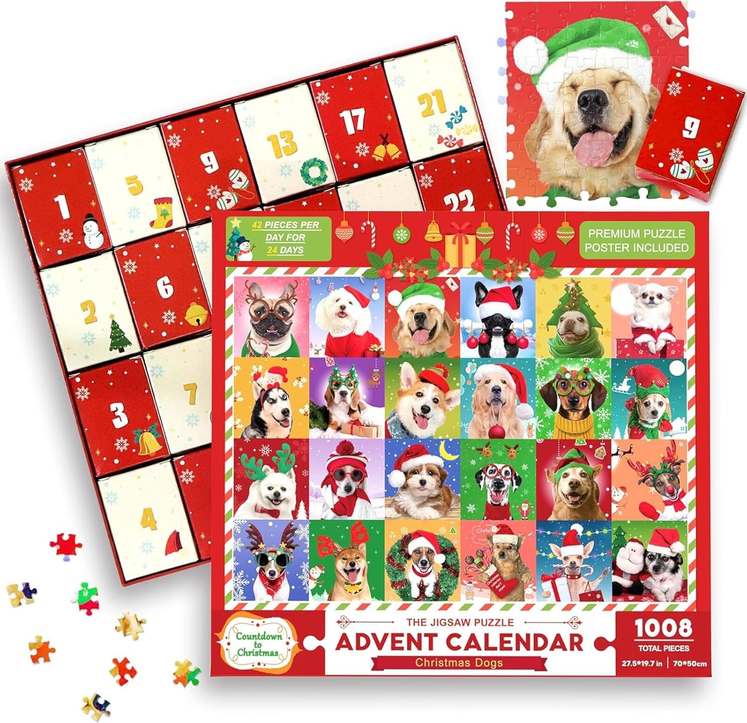 Advent Christmas Puzzles Cute Puppy Dogs for Kids Boys Girls 24 Days Countdown Calendar Jigsaw 1008 Pieces Xmas