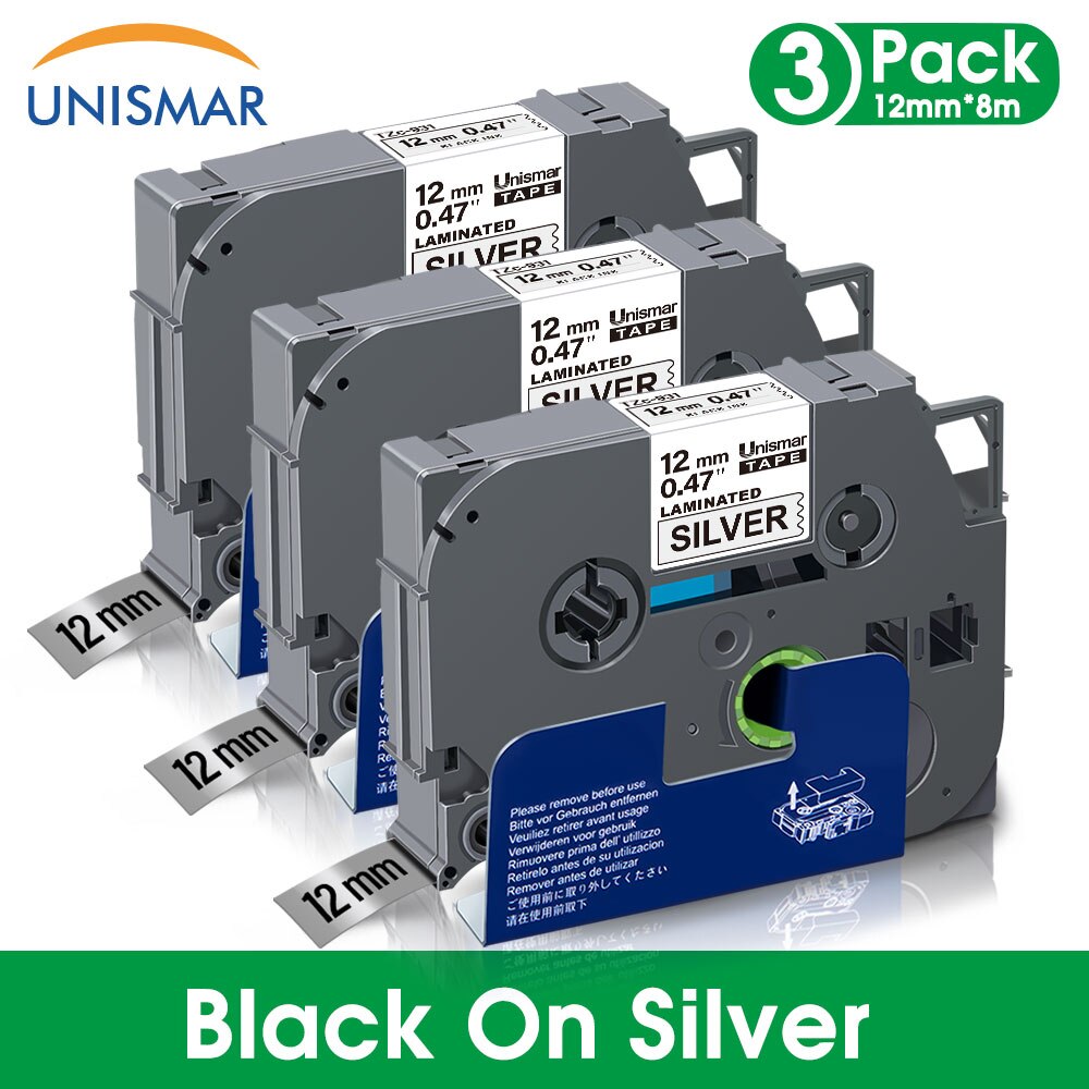 Unismar 3PK Black on White TZe-231 TZe231 Laminated Label Tape 12mm Printer Ribbon for Brother P-touch PT-1000 Label Maker: Black on Silver