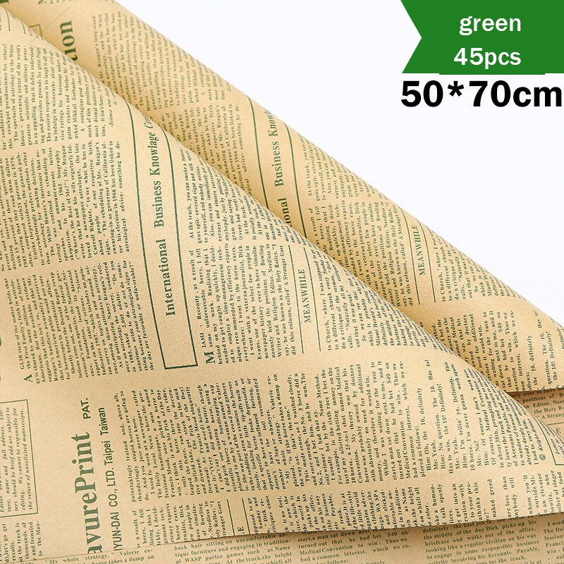 Papel de envoltorio de flores, Material de papel Kraft Retro de periódico inglés, ramo Floral, flor de embalaje: green 45pcs