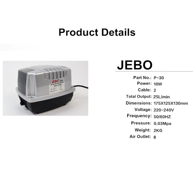 JEBO P30 10W Air Compressor Large Volume Air Pump Ultra Quiet Oxygen Increase Machine Oxygen Rinse Aquarium High Power Air Pump