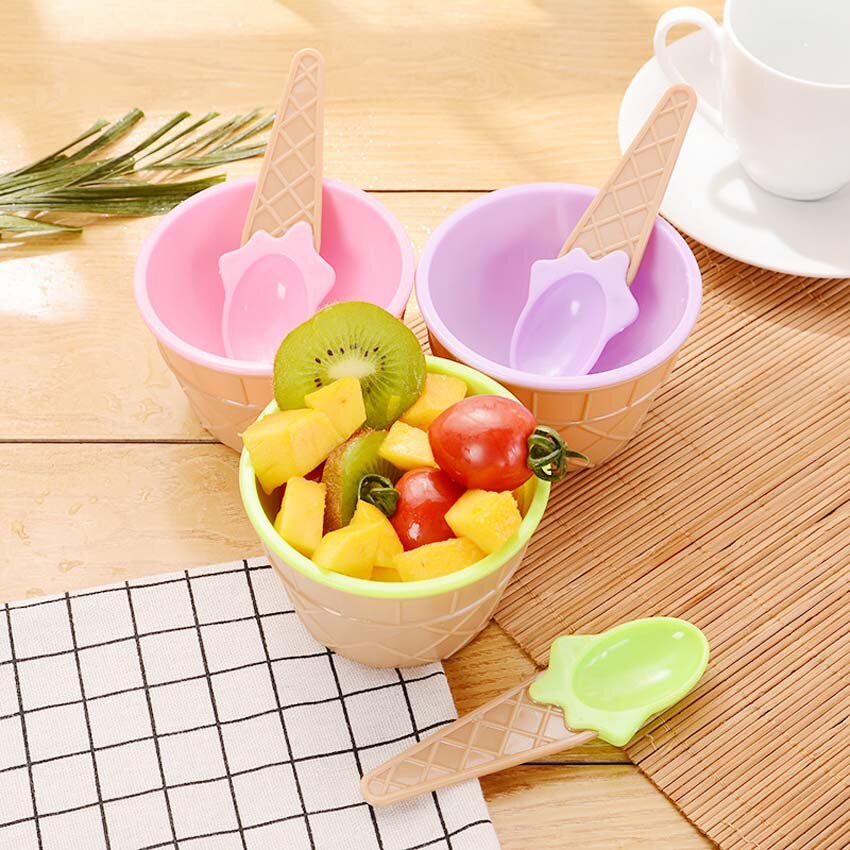 Cuencos de plástico para helado para niños, juego de cucharas, taza para helado duradera para niños, para parejas, cuenco de postre encantador