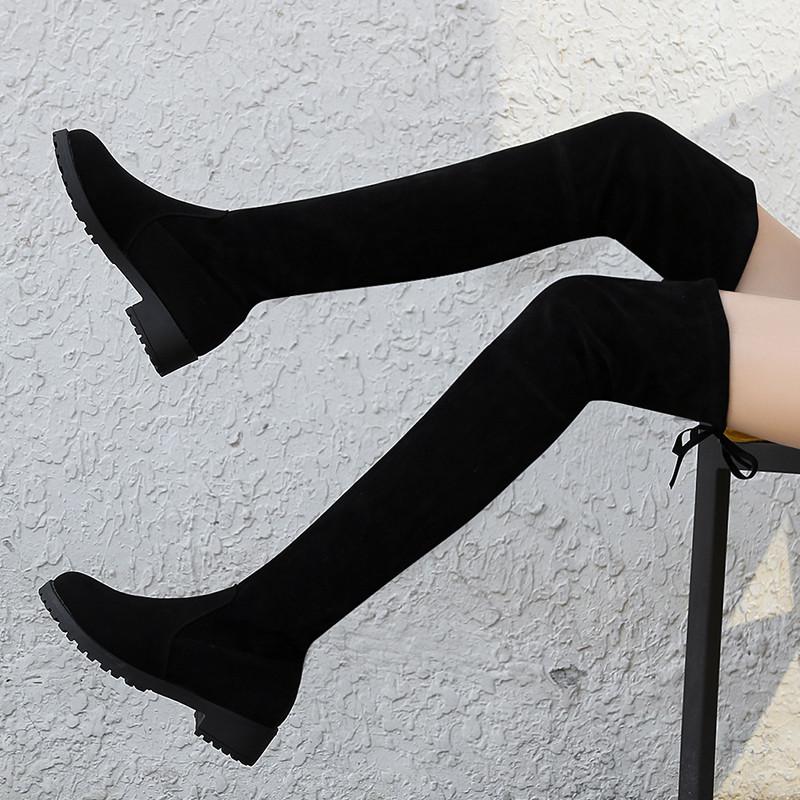 Bottes noires au dessus du genou pour femme, chaussures Sexy, cuissardes hautes, bout rond, automne hiver: 41