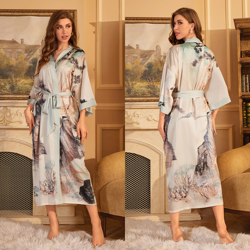Peignoir kimono à manches mi-longues de style japonais pour femmes, robe longue femme, chemise de nuit, vêtements de nuit, satin imprimé fleuri, robe en span pour la maison