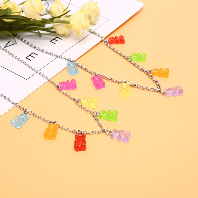 7 Color Titanium Steel/Alloy Handmade candy color Cute Judy Cartoon Bear charm Necklace For Women Girl Daily Jewelry Party