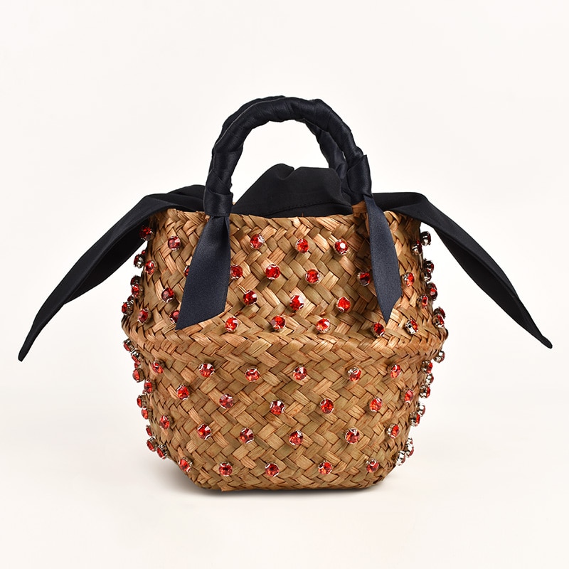 Bolso de paja adornado a mano, bolso playero para vacaciones de verano con perlas, bolso de punto para mujer, bolso de con diamantes, bolsos de mano populares: Red Diamond / L 22x20