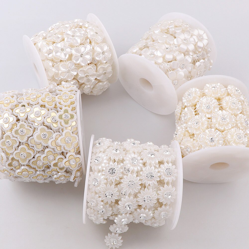 1 Yard Flower Series Rhinestone Chain ABS Pearl Jewelry Decor Wedding Dress Crafts Bridal Beads Appliques Garment Chain