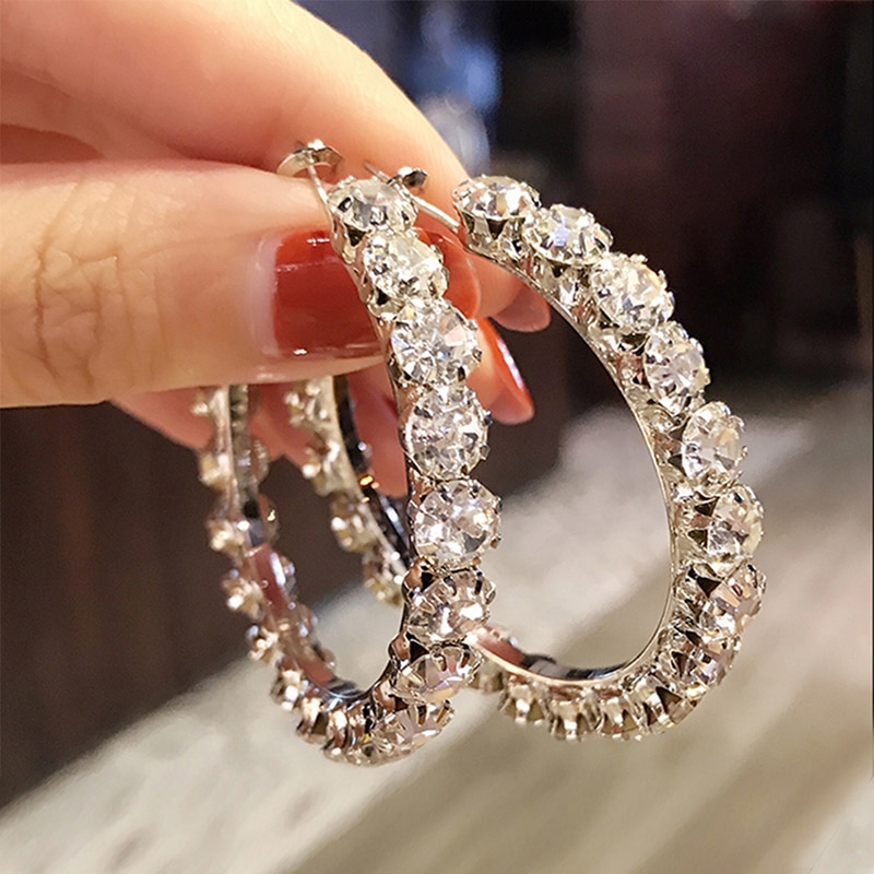 Huitan Luxury Oversize Hoop Earrings for Women Micro Paved Shiny CZ Versatile Style Female Daily Wear Ear Loop Jewelry