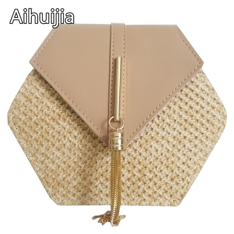 Hexagon Mulit Style Straw+leather Handbag Women Summer Rattan Bag Handmade Woven Beach Circle Bohemia Shoulder Bag