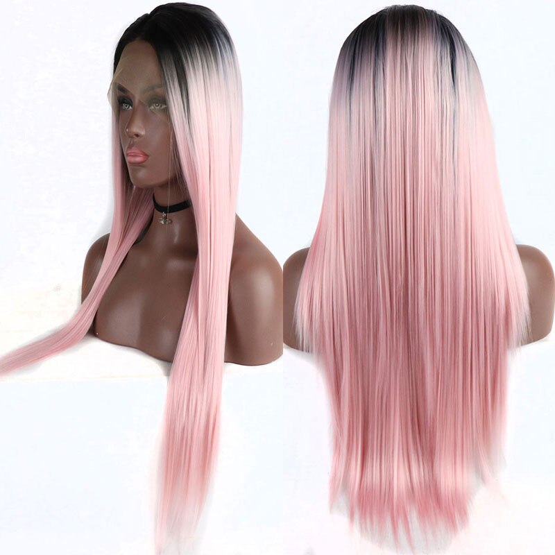Bombshell Silk Straight Synthetic 13*3 Lace Front Wig Black Ombre Pink Heat Resistant Fiber Hair Natural Hairline For Women Wigs