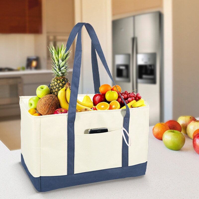 ASDS-Reusable Grocery Bags, Collapsible Reusable Shopping Boxes Large Storage Bins, Shopping Tote Bag, Beige and Blue