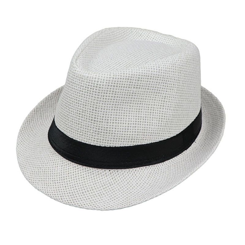 Bambini bambini estate spiaggia cappello di paglia Jazz Panama Trilby cappello Fedora Gangster cappelli traspiranti all&#39;aperto ragazze ragazzi cappello da sole: White B