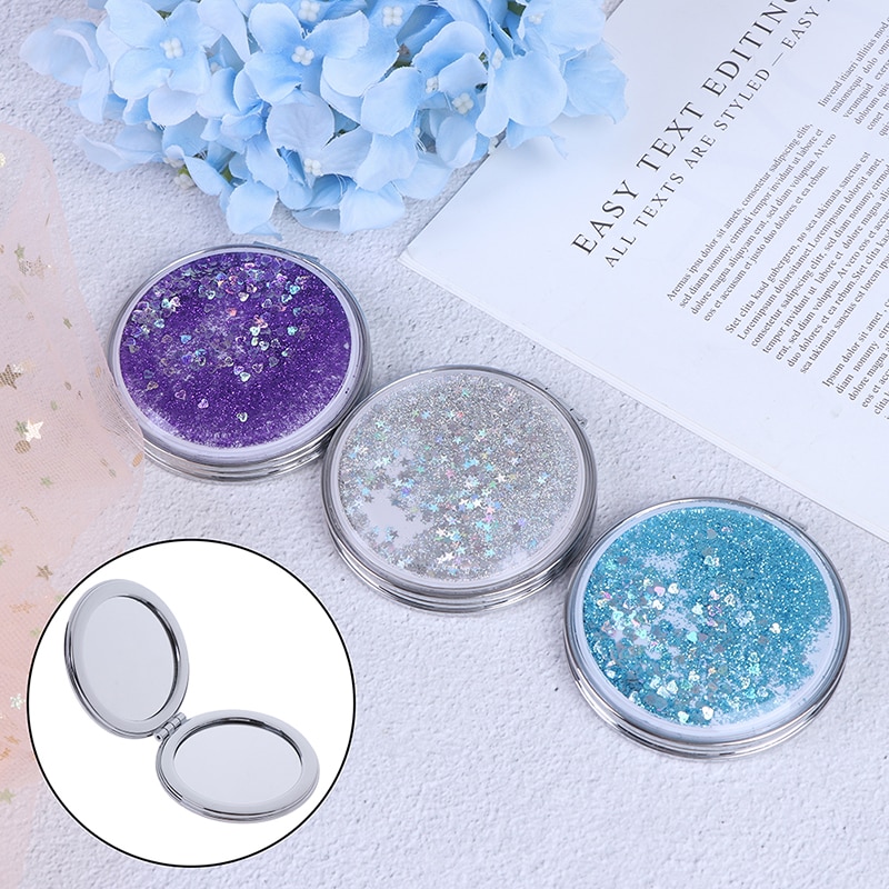 Portable Double-Sided Folding Cosmetic Mirror Female With Flowing Sparkling Sand Mini Makeup Mirror Compact Pocket Mirrors