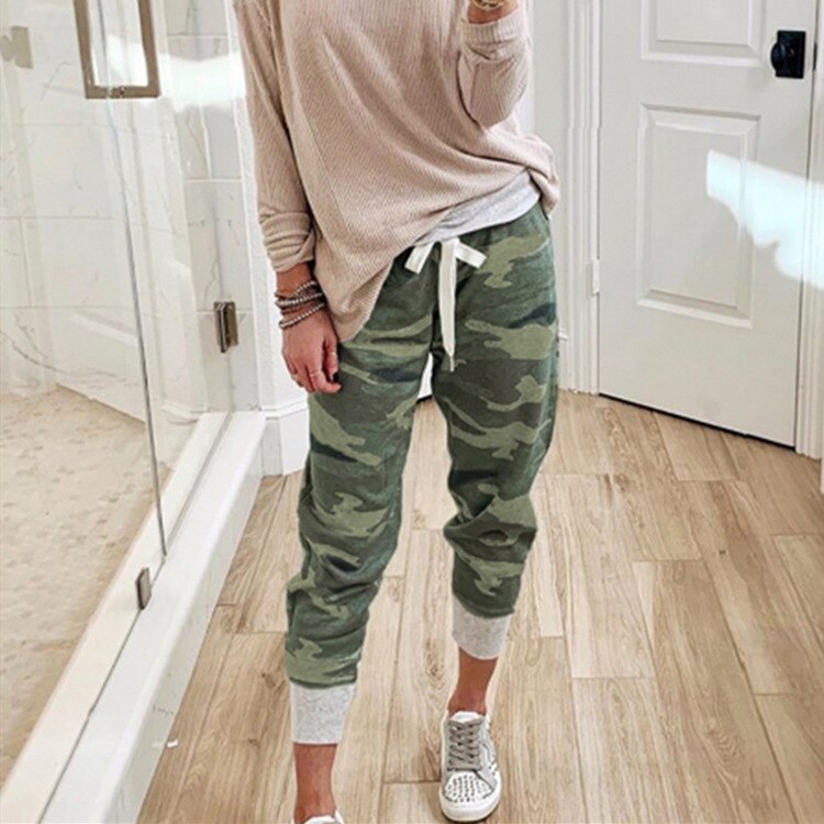Women Camouflage Joggers Pants Ankle Camo Cargo Jogging Trousers Female Autumn Streetwear Drawstring Ladies Sweatpants: Army Green / XXL
