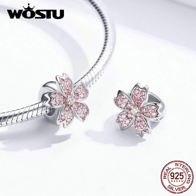 Wostu Sterling Zilver Roze Sakura Geluk Bloem Bedels Kralen Fit Originele Vrouwen Armband Diy Sieraden CQC1291