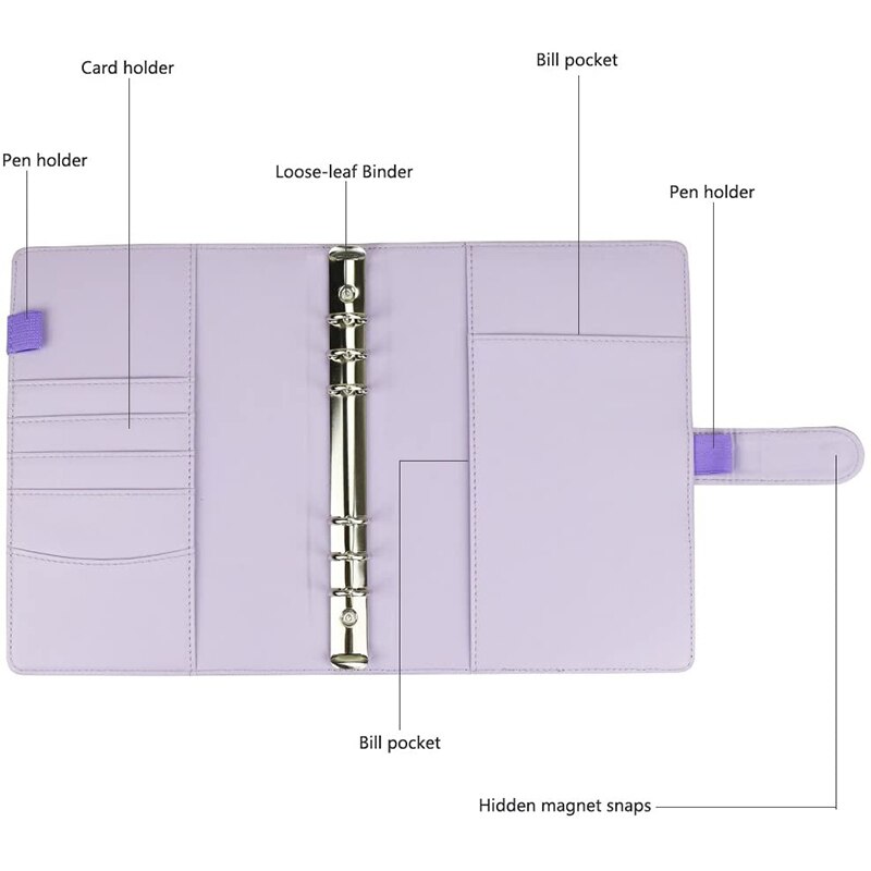 A5 PU Leather Notebook Binder,Refillable 6 Round Ring Binder Cover for A5 Filler Paper, Binder with netic Buckle