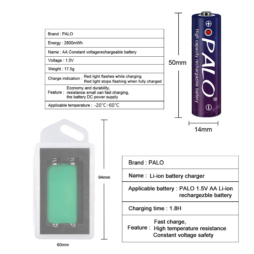 PALO AA Battery 2800mWh Rechargeable Battery Lithium 1.5 V AA Battery for Clocks, Mice, Computers, Toys