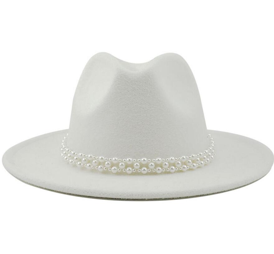 Women Wool Fedora Hat with Imitation Pearl Ribbon Gentleman Lady Winter Autumn Wide Brim Church Girl Jazz Cap: WYH-4957-14