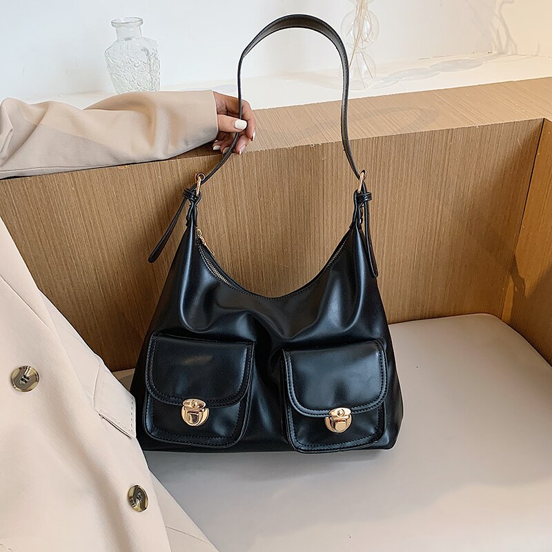 Bolso pequeño Hobo de piel negra para mujer, bandolera de hombro con múltiples bolsillos, Color puro, de de , populares,