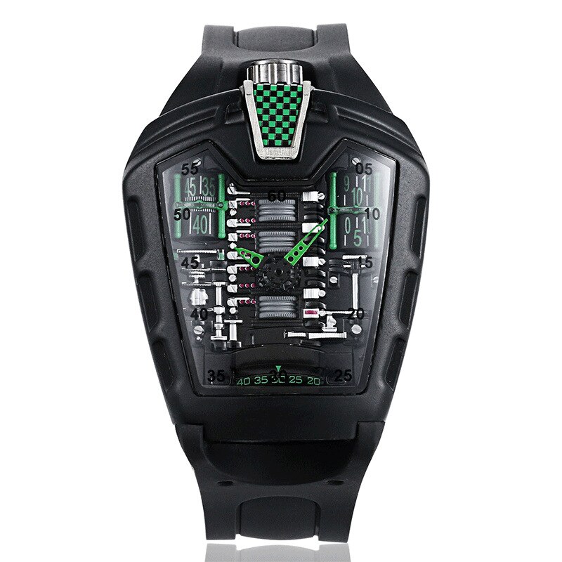 Sport Auto Konzept Racing Mechanische Stil Sechs Zylinder Motor Fach Kreative Uhr männer Uhr: Black Shell green