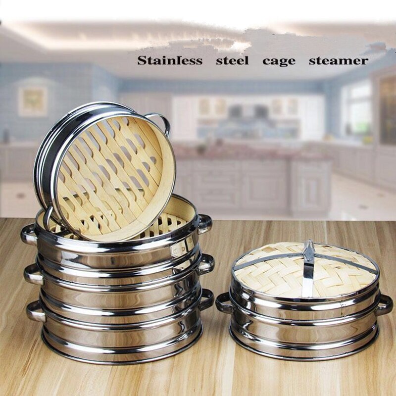 1set Stainless Steel Cookware Bamboo Steamer with lid Chinese Kitchen Cookware For Cooking Fish Rise Pasta Vegetables Dim