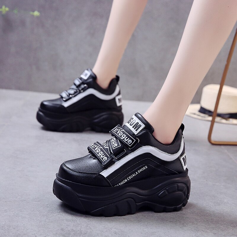 Tyk bund chunky sneakers kvinder hvid sort patchwork høj platform sko kvinde afslappet efterår vinter kiler fodtøj  g788: Sort / 6