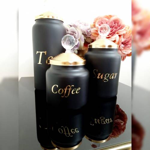 Decoratieve Glas Opslag Pot Edelsteen Dore Thee Koffie En Suiker Opslag Potten Geel Zwart Patroon
