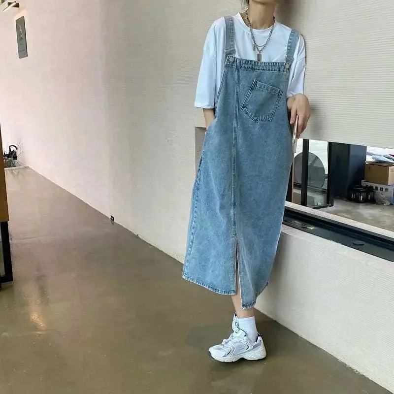 Forår sommer denim overall kjole kvinder ærmeløse jeanskjoler dame ensfarvet slip afslappet løse spaghettistropper kjoler