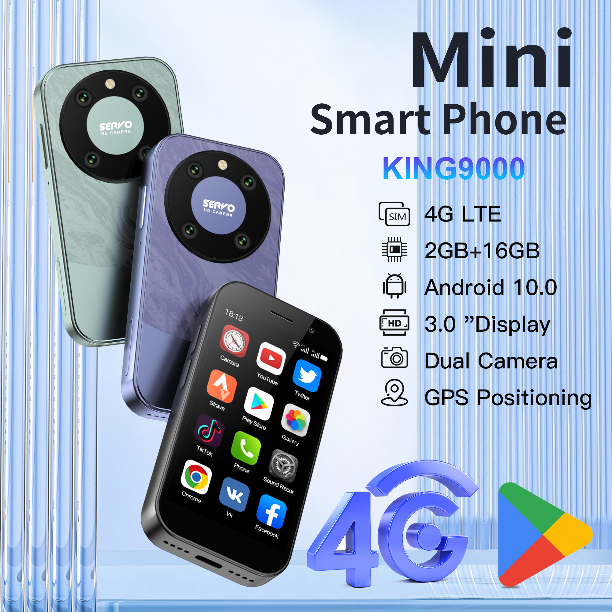 Servo king 9000 3.0 "display hd pequeno smartphone android 10.0 rede 4g lte 2gb + 16gb 2000mah reconhecimento facial mini telefone móvel