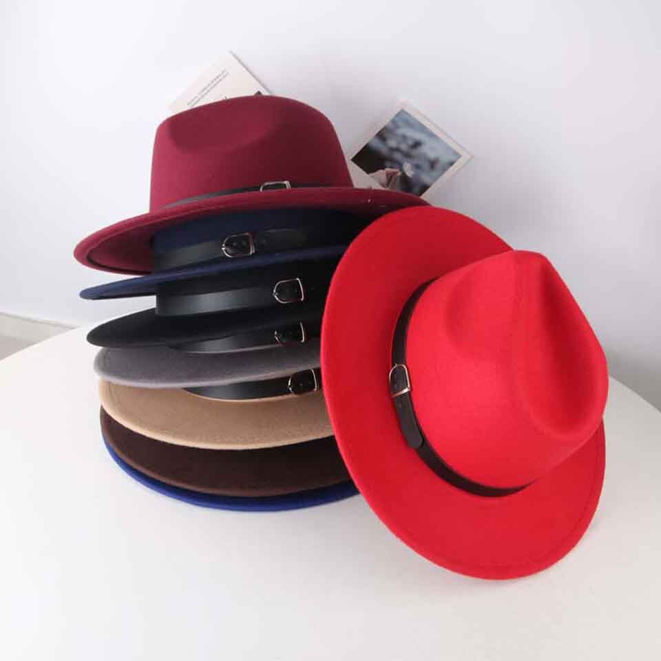 Klassieke Britse Fedora Hoed Brede Rand 8Cm Mannen Vrouwen Imitatie Wollen Winter Vilten Hoeden Mode Jazz Hoed Met Zwarte lederen Gesp