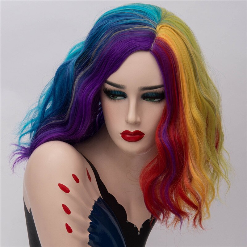 Viclig peruka robić Cosplay dla kobiet czarny biały zielony fioletowy niebieski szwy gradient tęcza kolorowe peruki kręstożek krótkie włosy syntetyczne: żółty