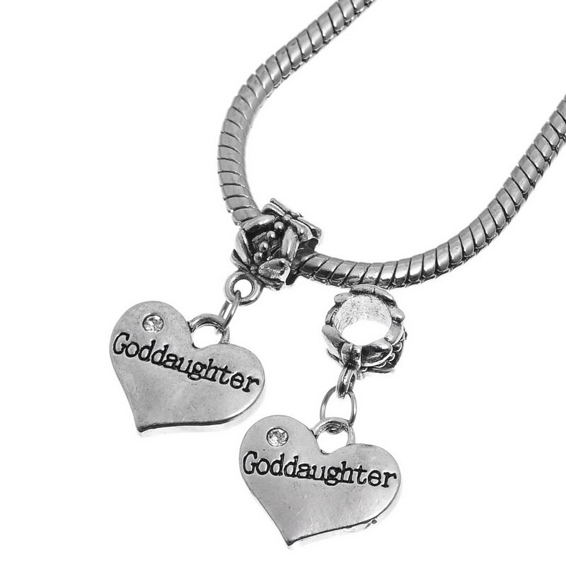 DoreenBeads European Charm Pendants Heart antique silver Rhinestone"Goddaughter" About 27x16mm,Hole:About:5.5mm,10PCs
