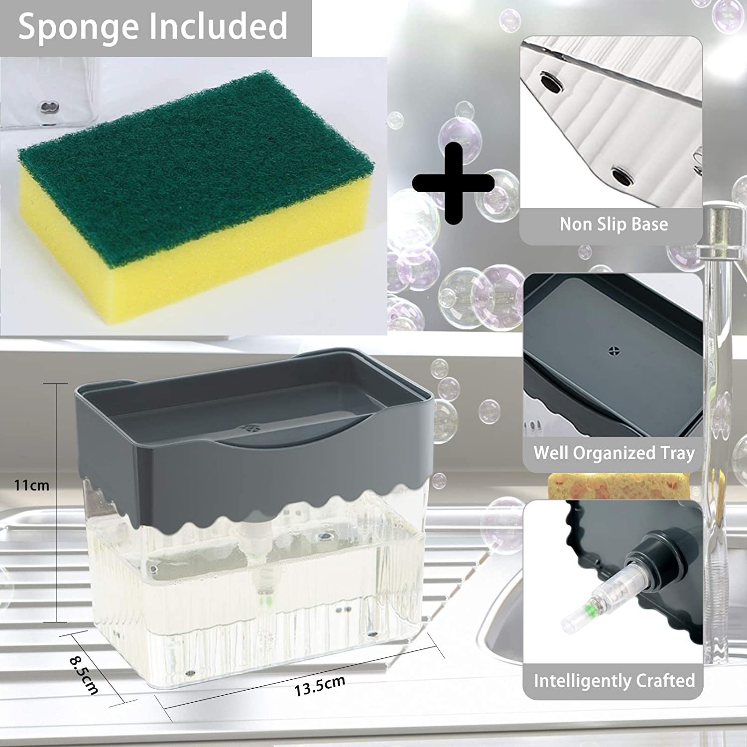 Soap Pump Dispenser 2 In1 Hand Push ABS Washing Liquid Storage Box with Sponge Holder for Kitchen Sink