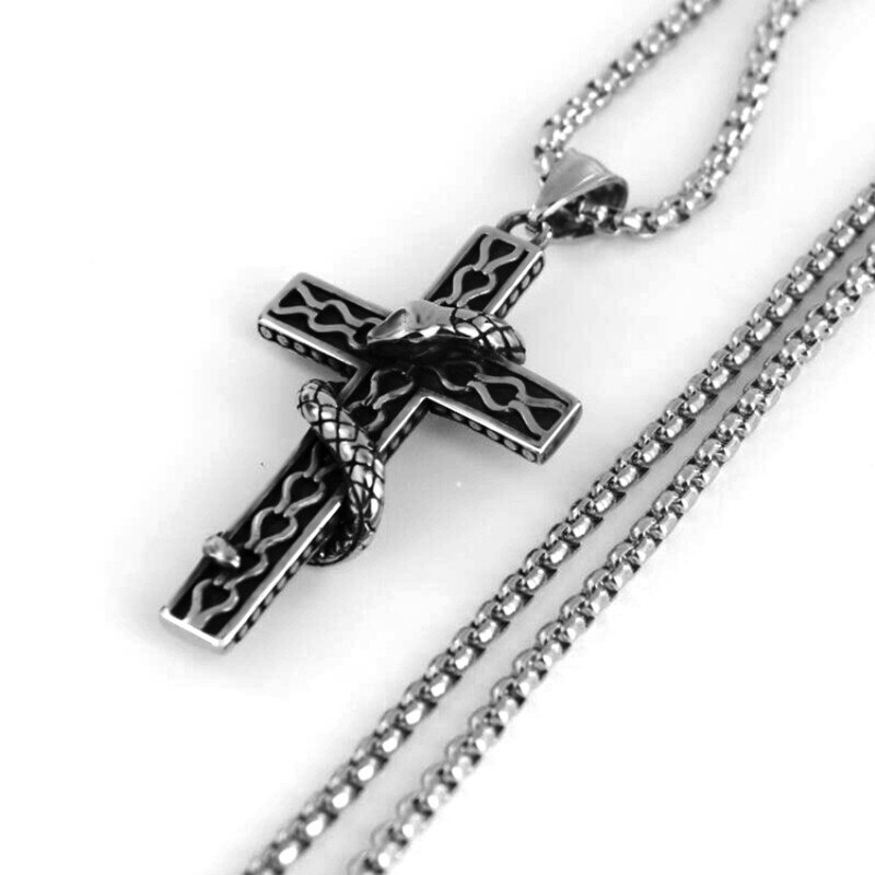 Slang Gewikkeld In Cross Enkele Titanium Schrift Cross Ketting Rvs Zwart Gebed Choker Kruis Hangers Voor Mannen Colar