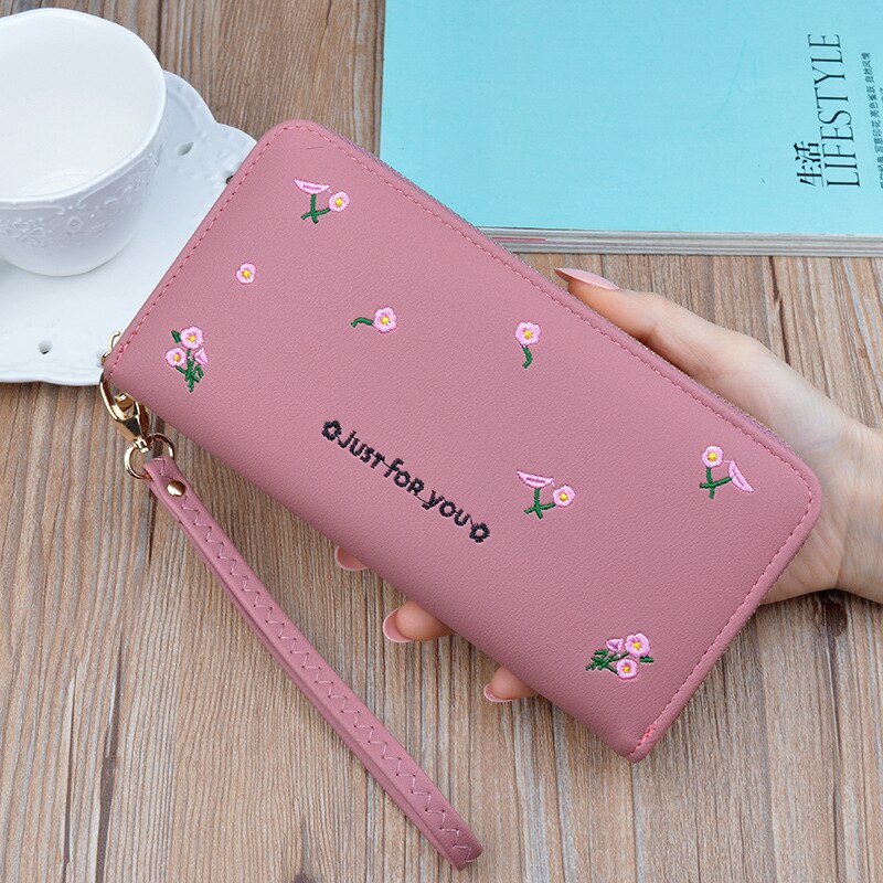 Femmes long portefeuille en cuir synthétique polyuréthane femme broderie fleur portefeuille filles kawaii pochette téléphone sac crédit porte-carte pour le nouvel an: deep pink