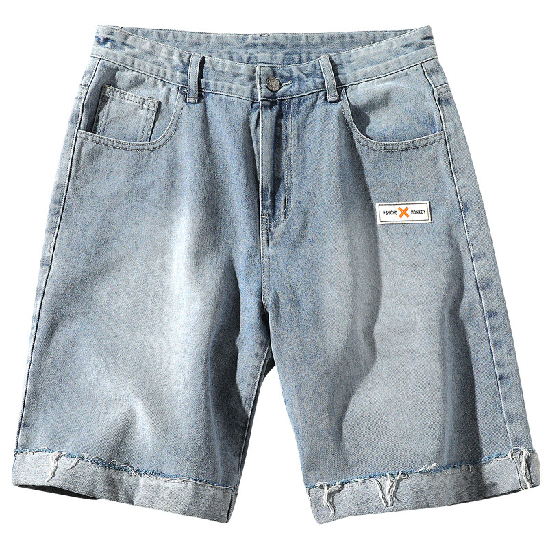 Denim shorts men's loose straight brand wide leg wear Korean Trend boys' summer raw edge 5-point shorts outside 5-5