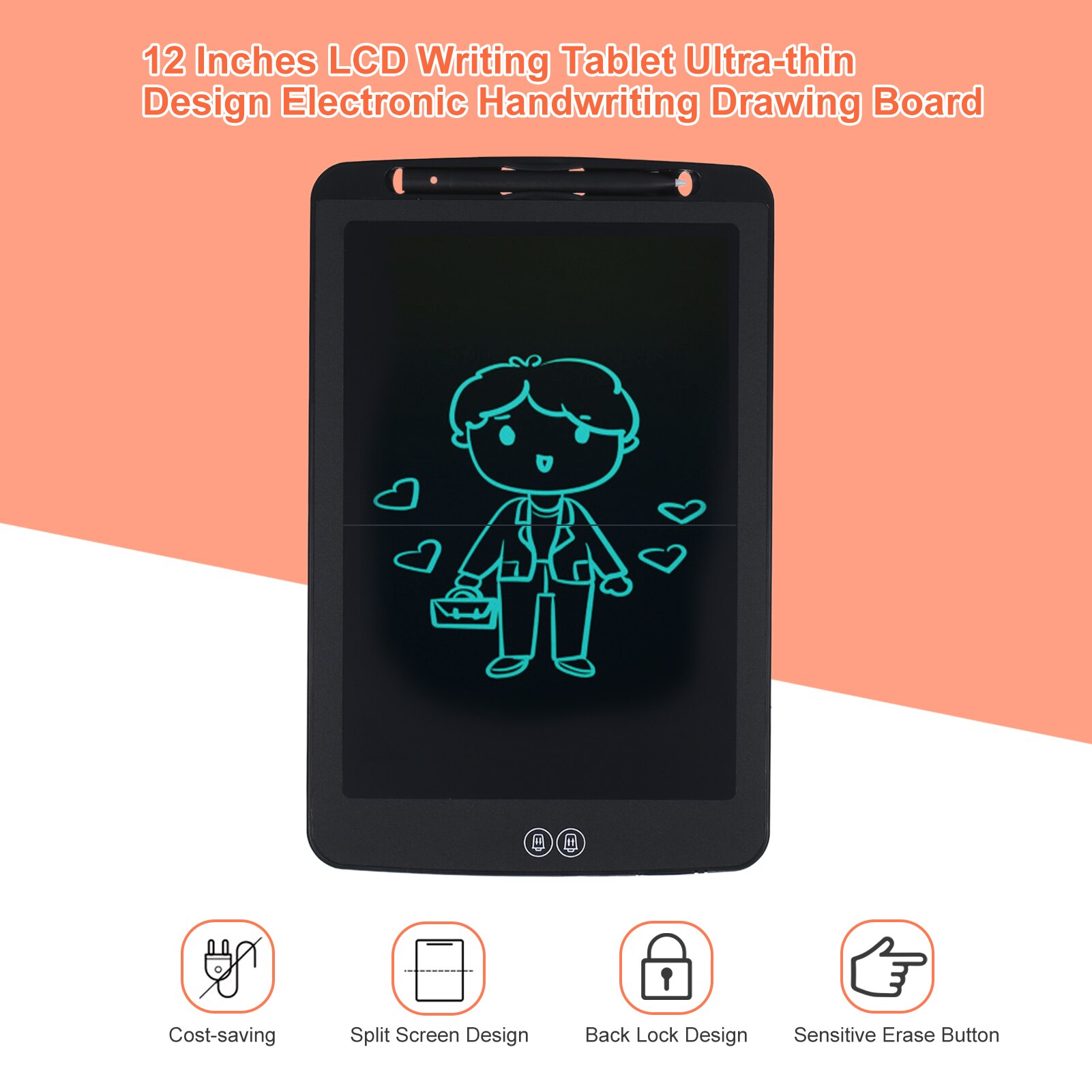 12 Inches LCD Writing Tablet Ultra-thin Electronic Handwriting Drawing Board Pad Reusable with Stylus Pen Split Screen