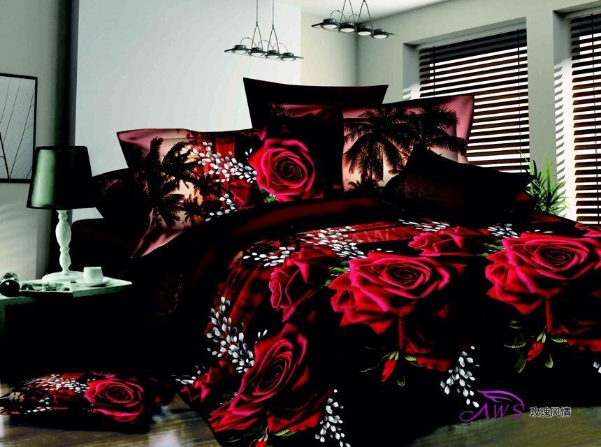 Parure de lit à motif Floral, Rose rouge et noire, ensemble pour literie Queen Size, couette non incluse: Argent