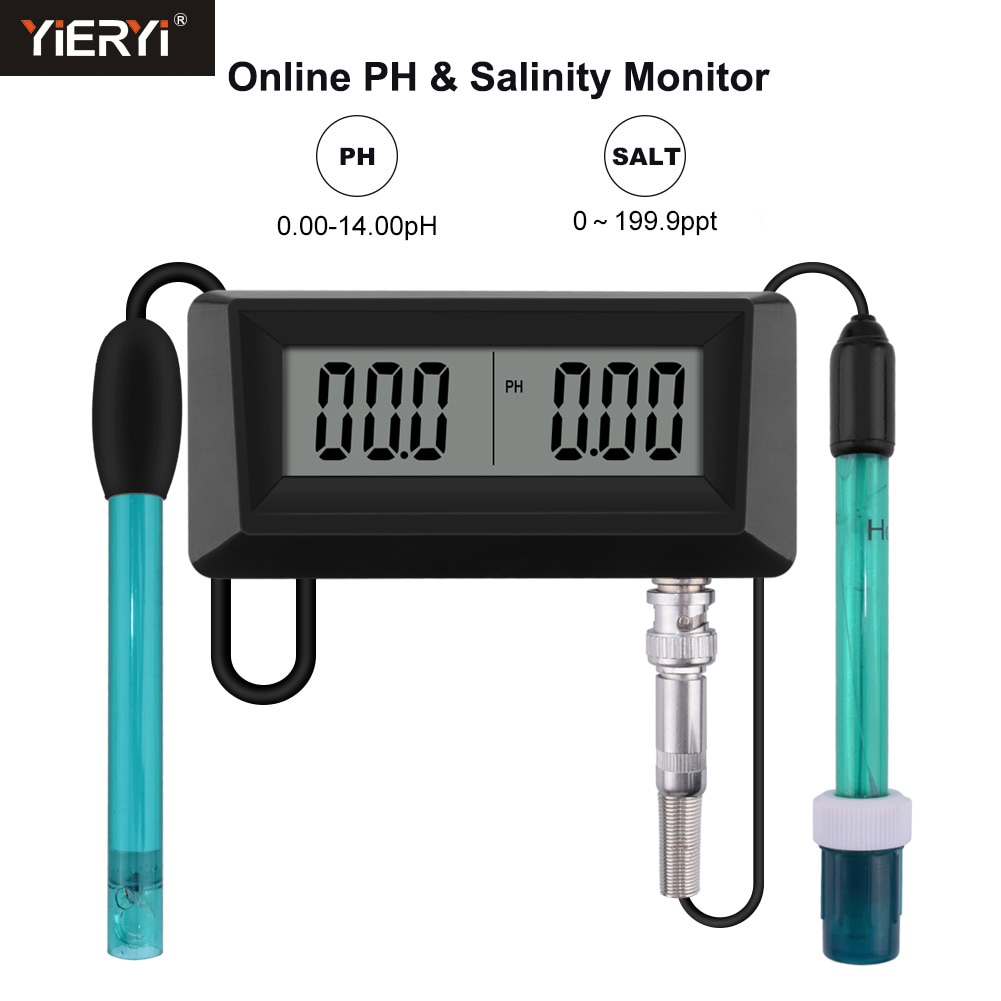 Monitor de PH y salinidad en línea, medidor de ph 2 en 1 y comprobador de salinidad para acuario, piscina, spa, agua de mar, hortícola del agua