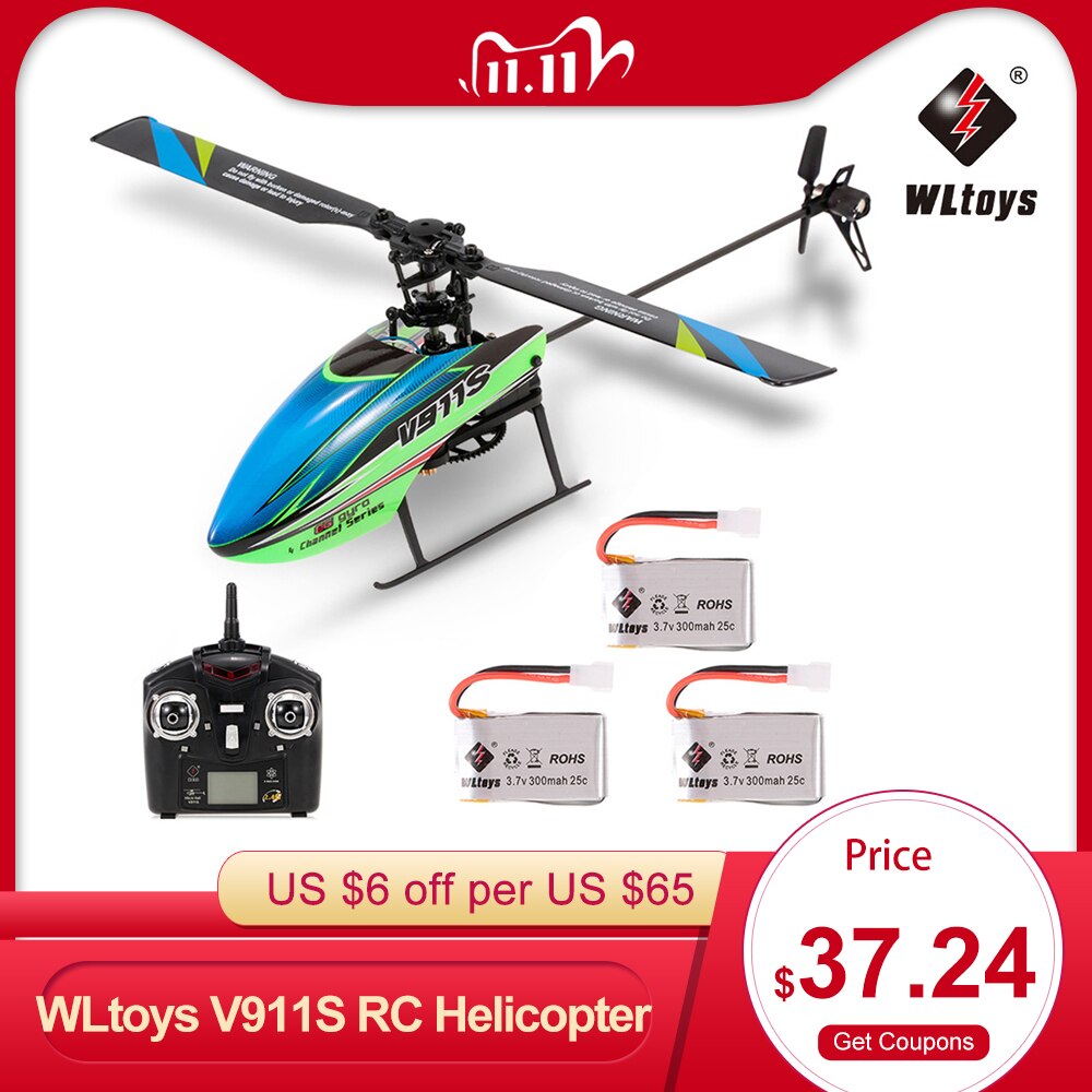 Wltoys V911S Rc Helicopter 4CH 6G 6-Aixs Gyro Enkele Propelller Non-Rolroer Rc Helicopter Rtf Speelgoed Voor Kids drie Batterij