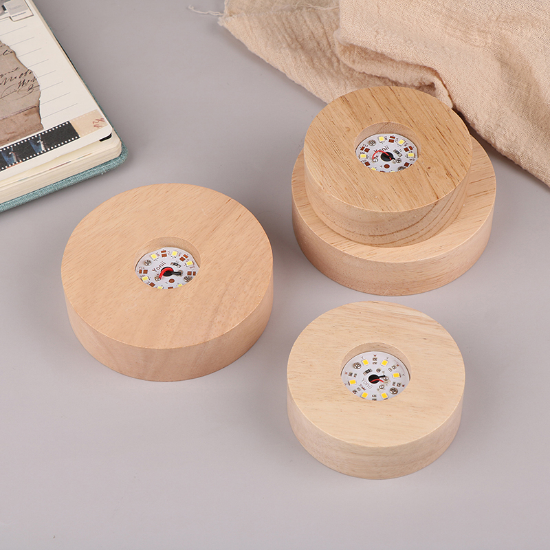 Base d'affichage de lumière LED ronde en bois à piles, 8/10cm, support de lampe de nuit capable, verre de cristal, résine, ornements artistiques