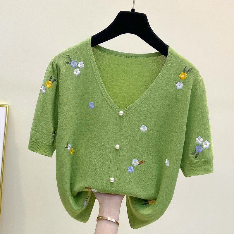 Suéter de algodão com gola v, camiseta feminina de verão, bordado, casual, tops plus size, roupas femininas, camisetas de malha, 2021: M / short sleeve green