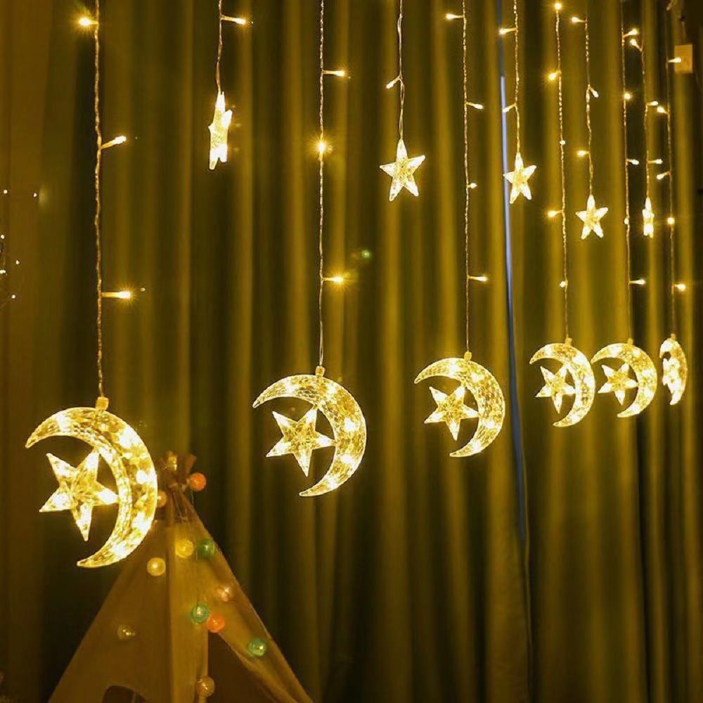 Cortina de luces LED con forma de luna y estrella para decoración, guirnalda de 3,5 M para Navidad, festividades, Año , cortina en la ventana