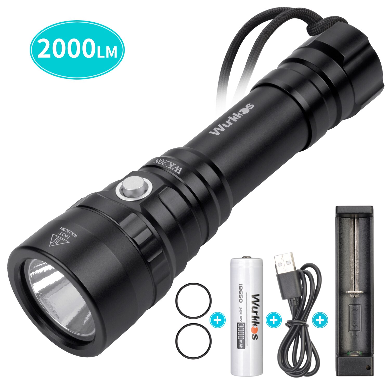 Wurkkos  wk20s kraftig dykkerlommelykt ipx 8 vanntett dykkerlys oppladbar maks 2000 lumen sst 40 hd ledet 4 moduser: Med batteri