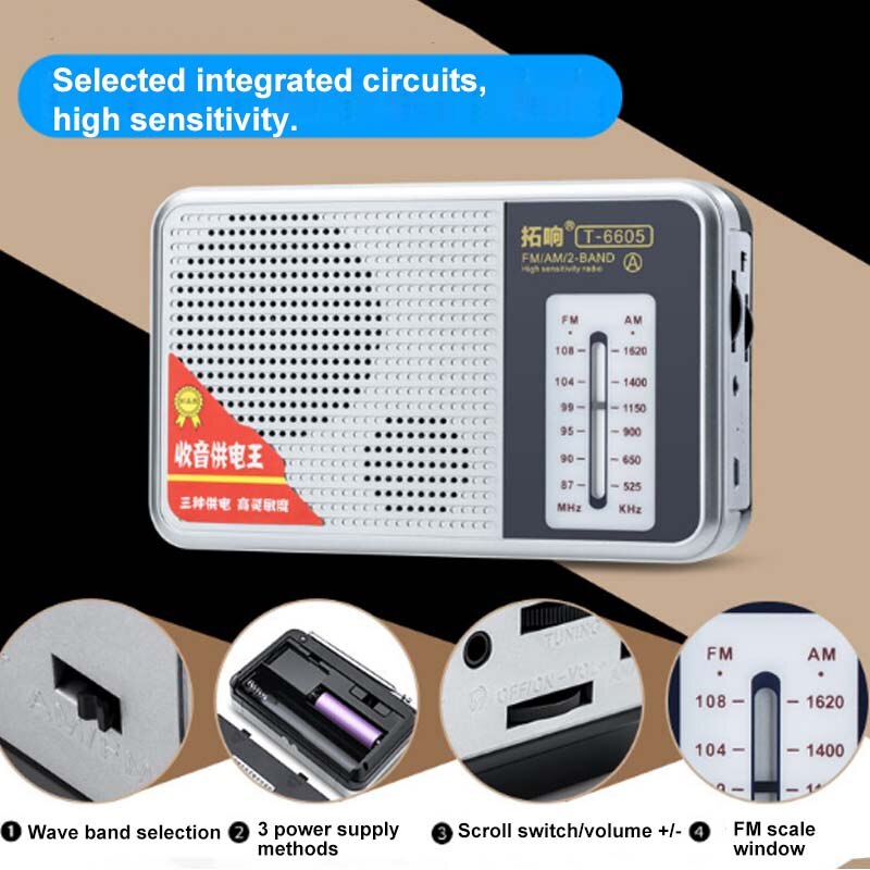 Mini receptor portátil de Radio FM AM, altavoz compatible con batería de litio BL-5C/18650/D, batería seca, fuente de alimentación recargable