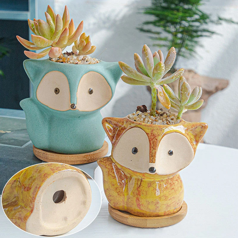 Ceramic Fox Plant Pot Micro Cute Mini Potted Succulents Small Flower Pots Bonsai Cartoon Planter Home Flower Pots Decorative