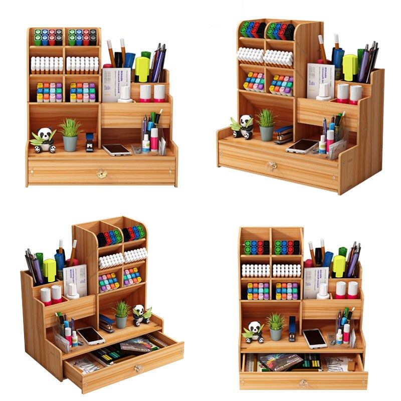 Desktop Pen Holder Wooden Pencil Organizer Students Stationary Storage Box Office School Stand Case Cosmetic Makeup Supplies