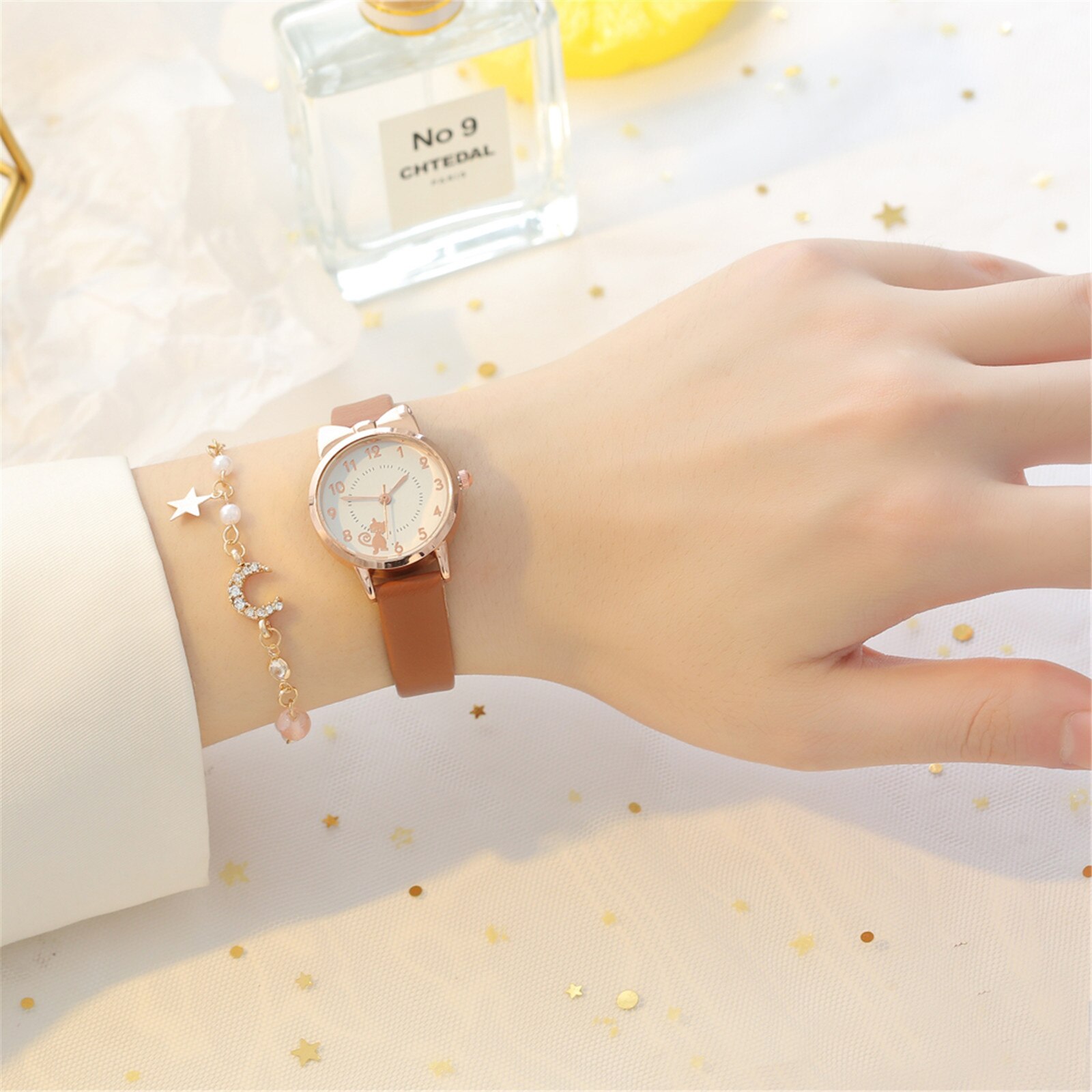 2 Delige Set Retro Bruin Dames Horloge Kleine Wijzerplaat Dameshorloge Retro Lederen Armband Horloge Mode Vrouwelijke klok