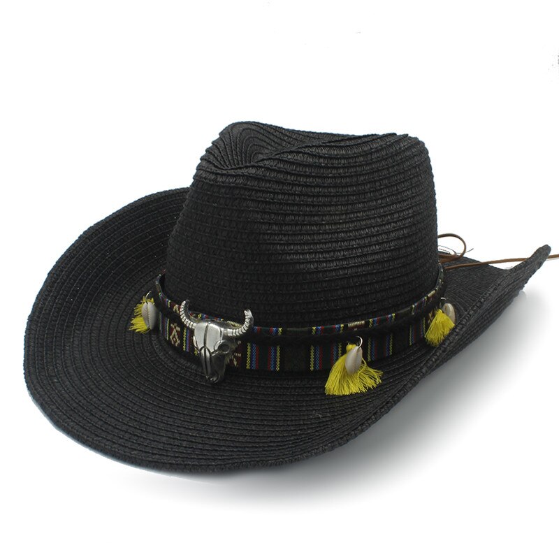 Kvinder sommer halm vestlige cowboy hat med roll up bred kant dame jazz sombrero hombre cowgirl hat: Sort
