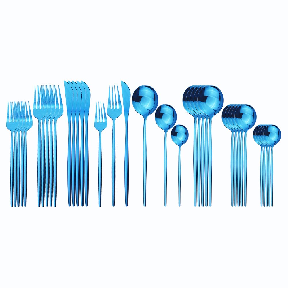 36 stk sort guld bestik sæt 18/10 rustfrit stål guld spisestel home western ske gaffel kniv bøf spisestel service sæt: Blå