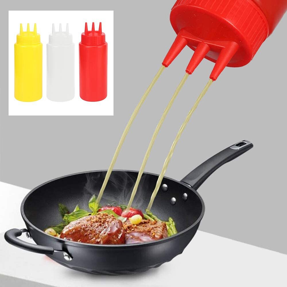 3 Hole Squeeze Bottle Condiment Dispenser Sauce Ketchup Salad Cruet Bin Oil Vinegar Storage Bottle DIY Kitchen Accessories